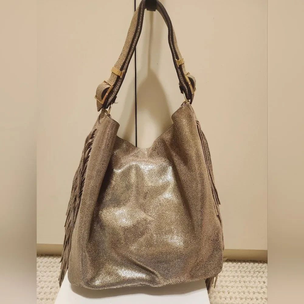 Brian Atwood Antiqued Gold Leather Fringe Trimmed Bucket Satchel Bag Ret. $598
